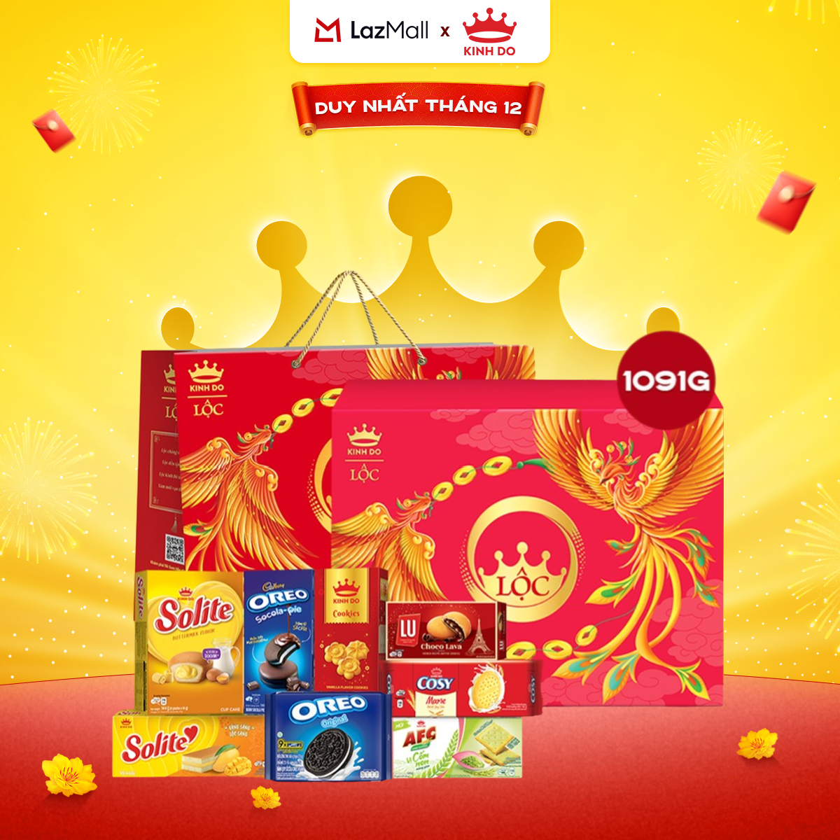   CÓ TÚI GIẤY  BỘ QUÀ BÁNH TẾT KINH ĐÔ LỘC THỊNH VƯỢNG - HỘP GIẤY 1,091G 