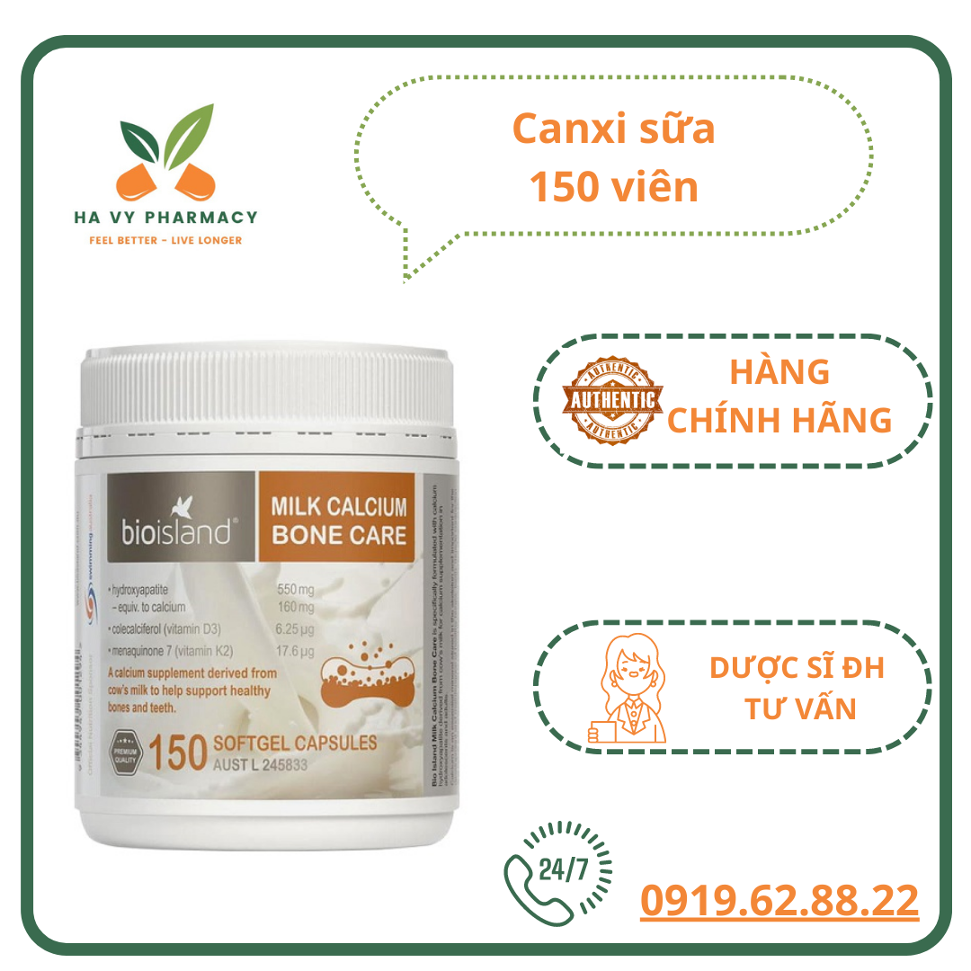 Viên uống bổ sung Canxi milk 150 viên Úc Bioisland Milk Calcium Bone Care