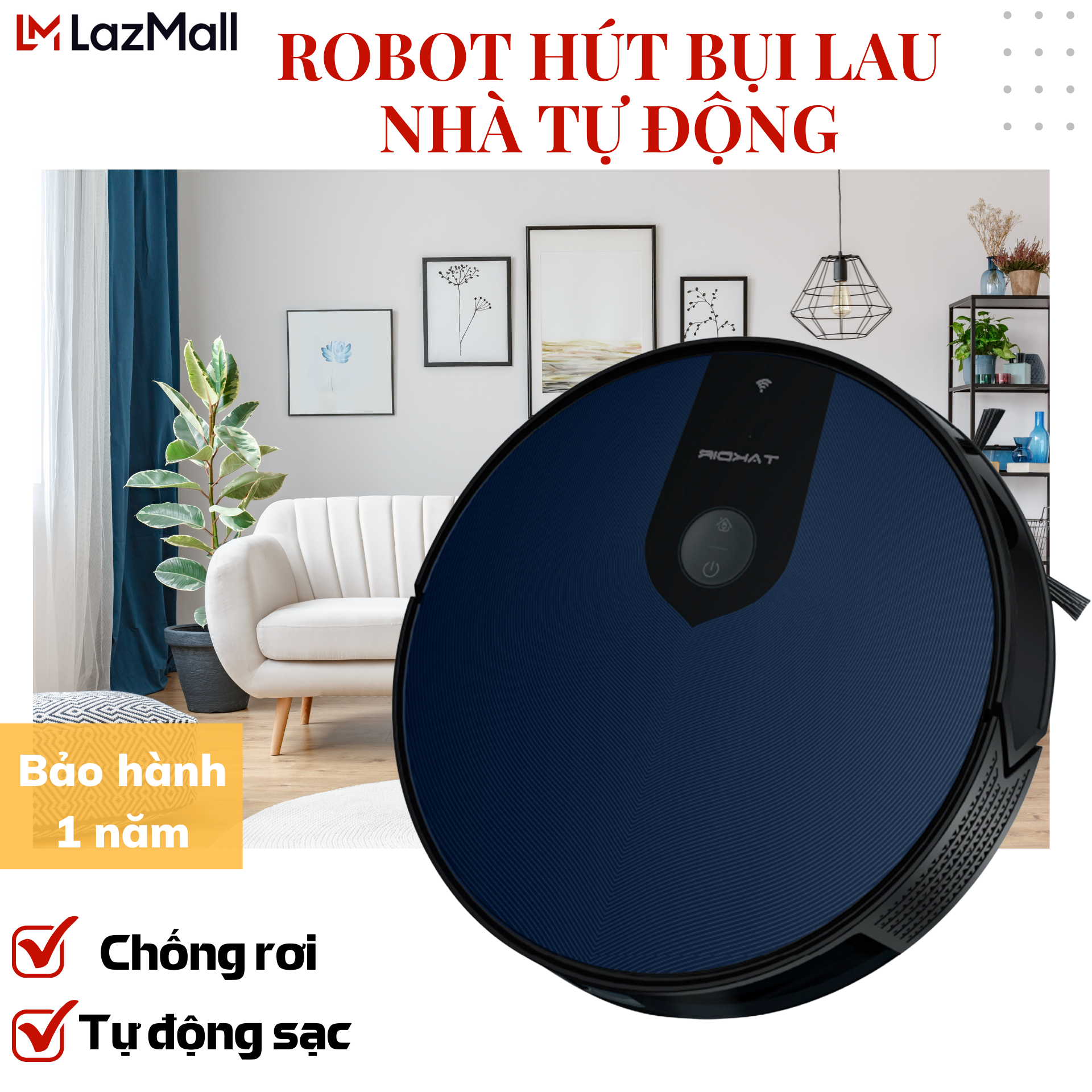 Máy hút bụi tự động, rô bốt lau nhà, rô bốt hút bụi lau nhà - robot hút bụi lau nhà tự động - công suất lớn, tự động sạc khi hết pin, điều khiển từ xa, có chip thông minh lập trình đường đi - bảo hành 12 tháng