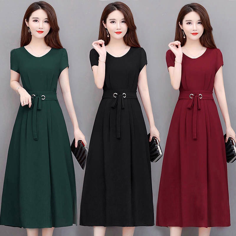 Đầm xòe nữ dáng dài thắt nơ eo tay bó