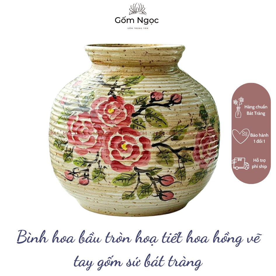 Bình hoa bầu tròn bình hoa decor bình cắm hoa gốm sứ Bát Tràng