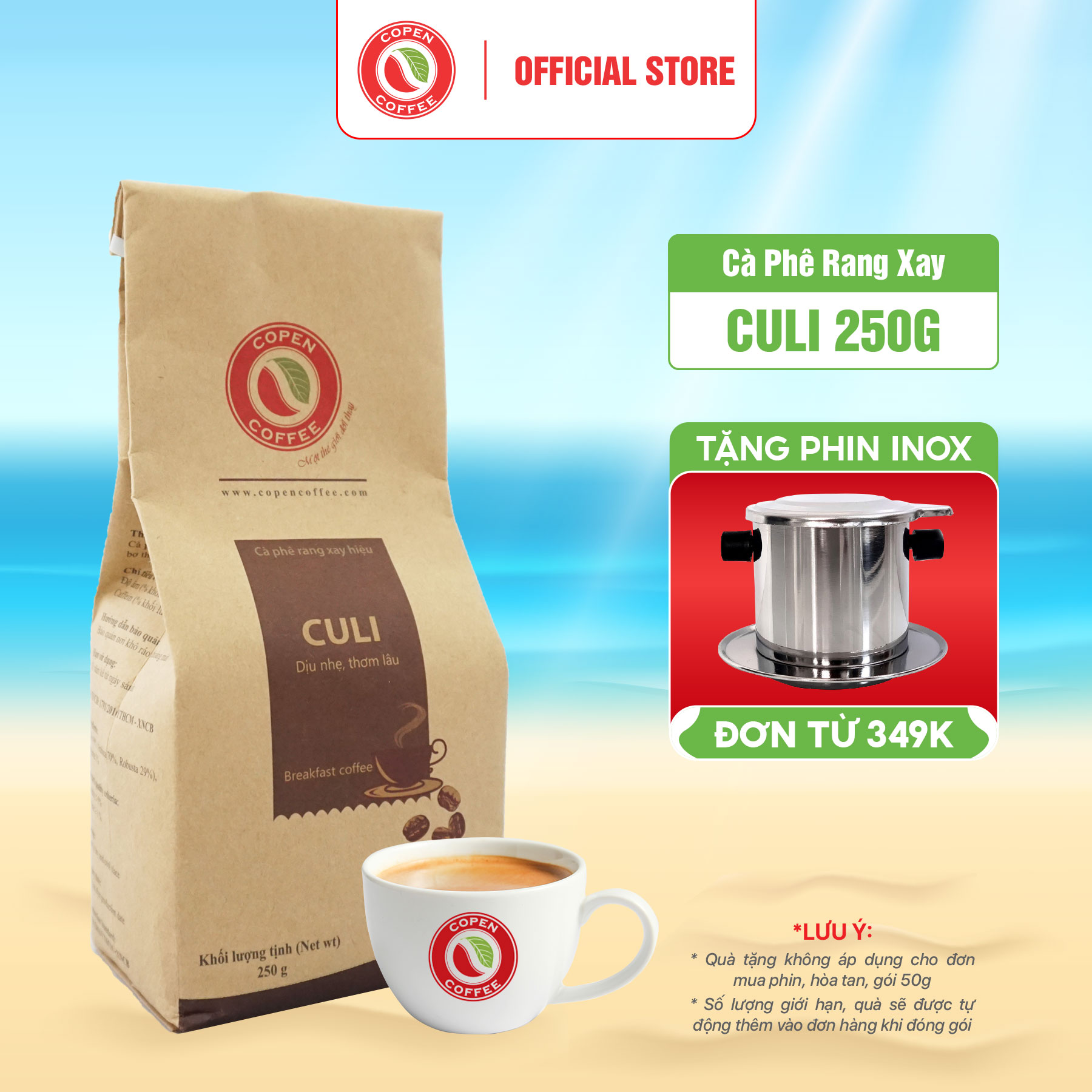 Cà phê phin rang xay truyền thống - Culi Copen Coffee 250G - vị đắng vừa, thanh chua, hậu vị thơm lâu