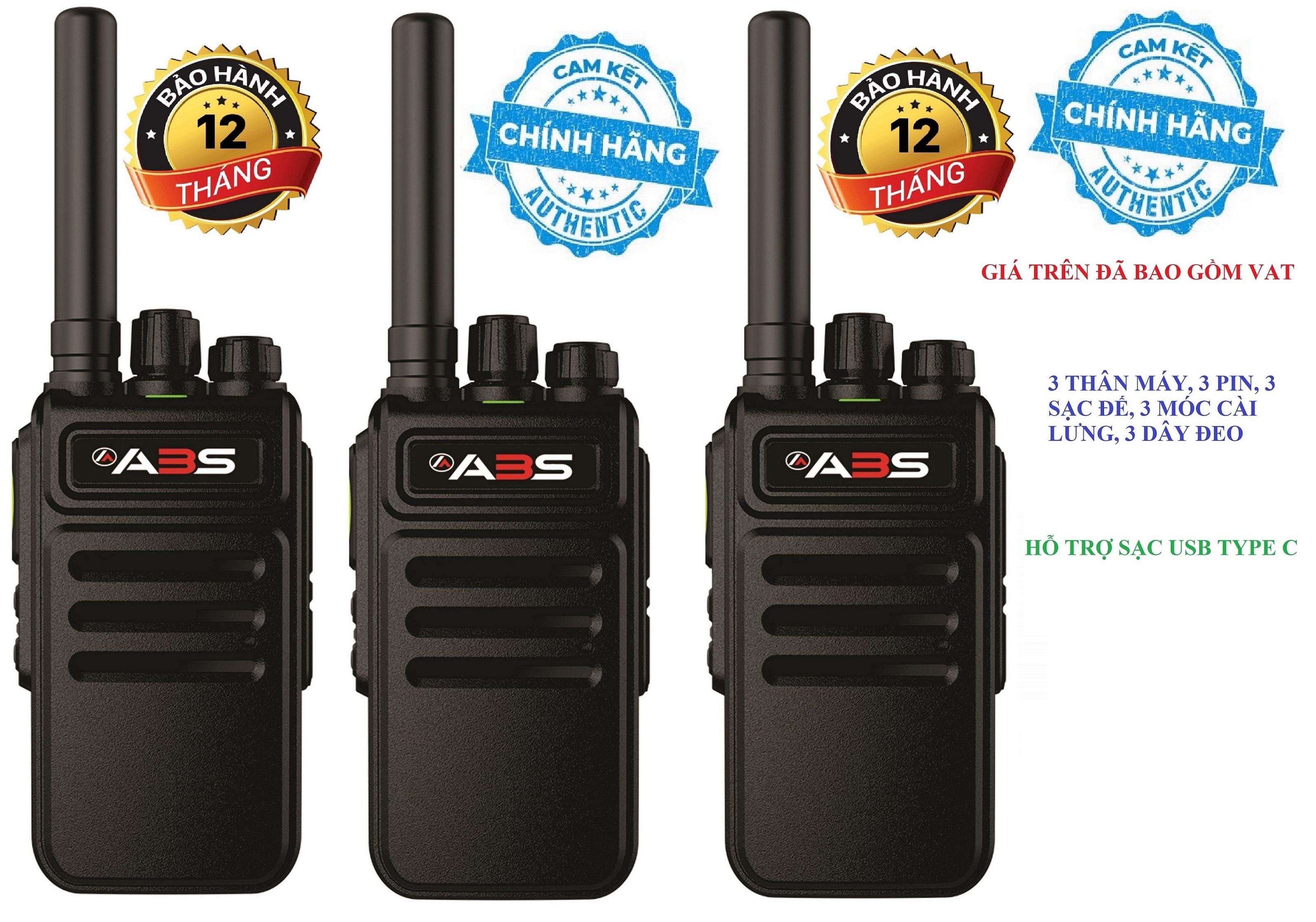Bộ 3 chiếc bộ đàm chính hãng siêu bền bỉ abs ab338 plus , 2 phương thức sạc đời mới, hỗ trợ sạc usb type c