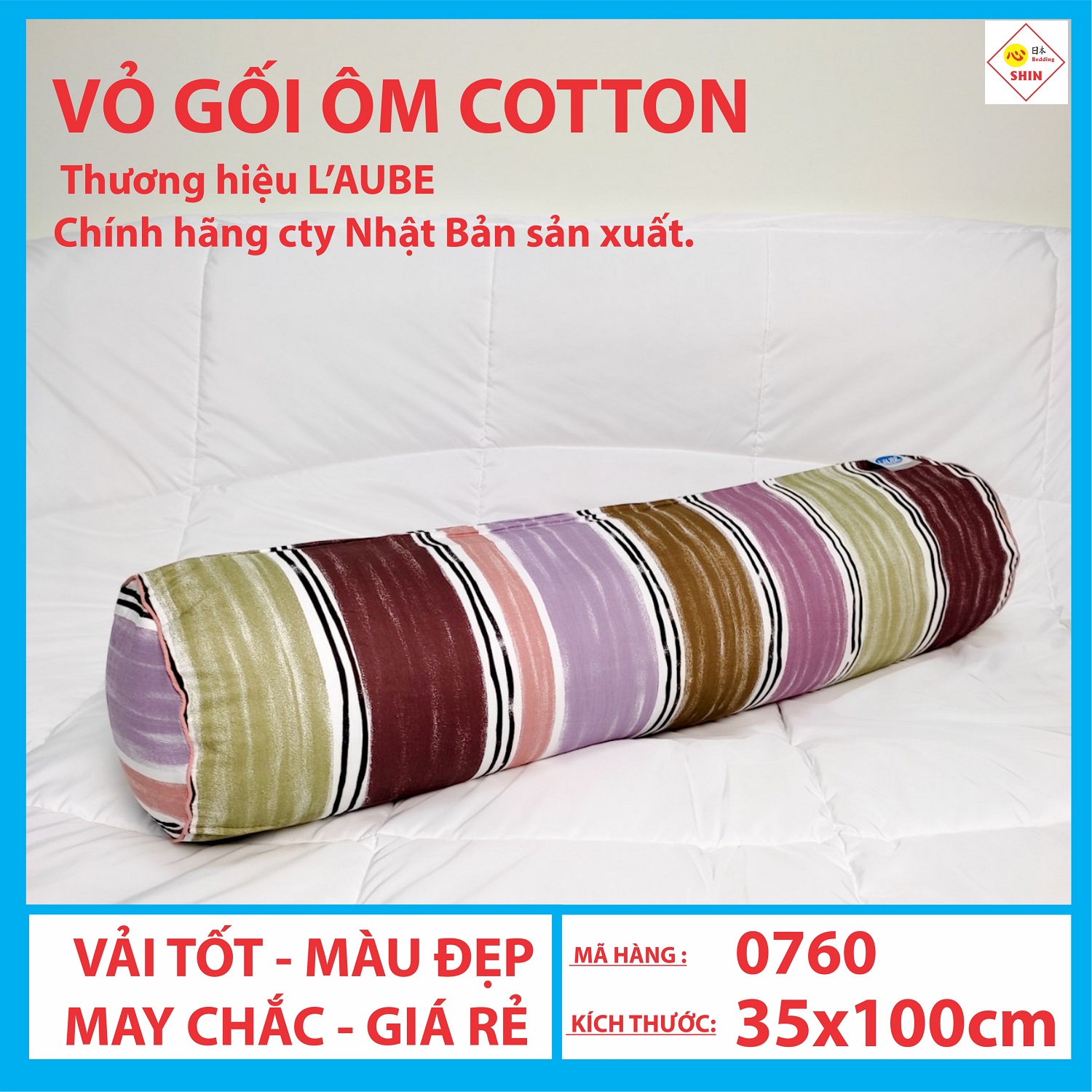 Vỏ gối áo gối ôm cotton 35x100cm chính hãng laube Nhật Bản mã 0760