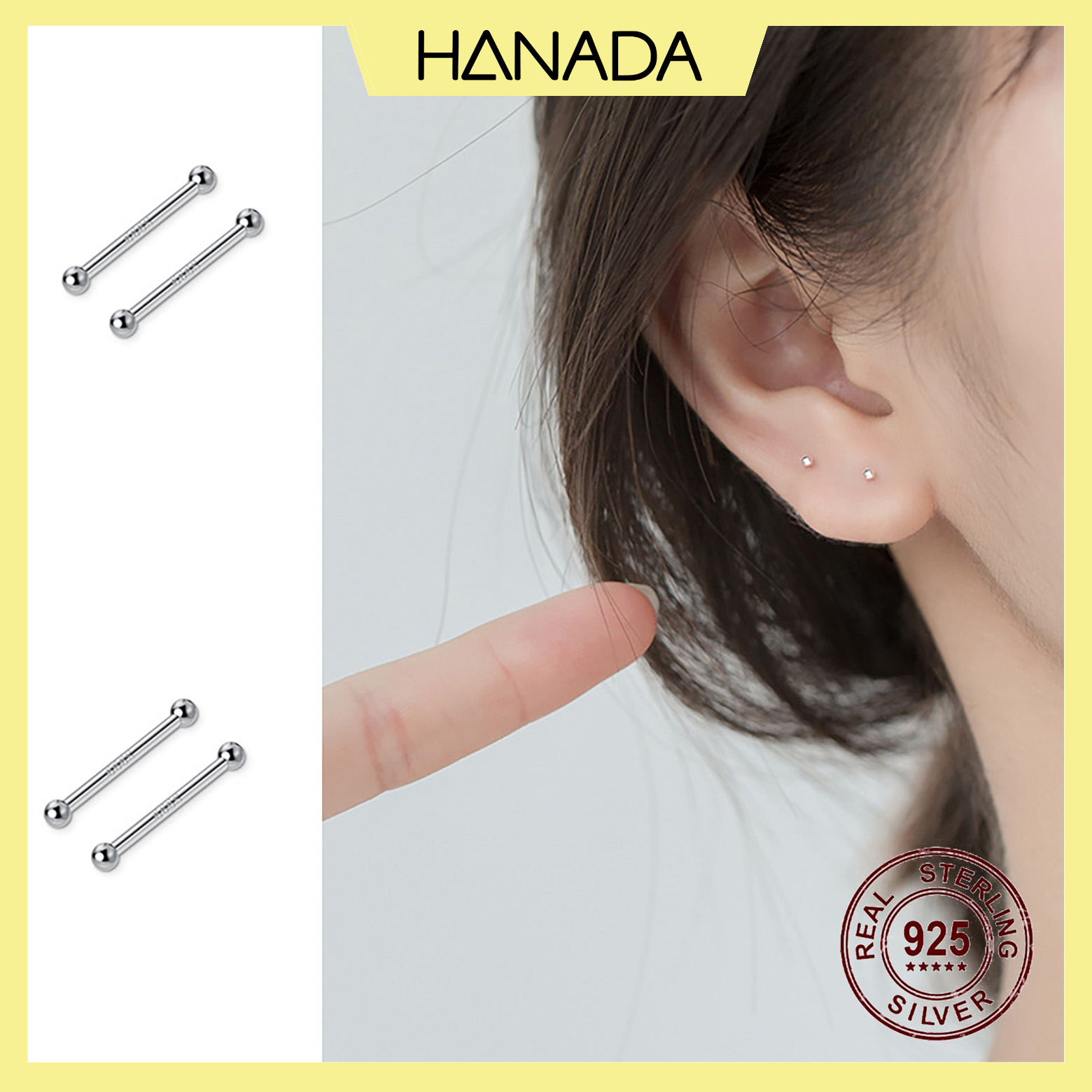 Bông Tai Bạc Nguyên Chất Giữ lỗ Hanada Bông Hai Đầu Bi Khuyên Đeo Mũi Nam Nữ 1058