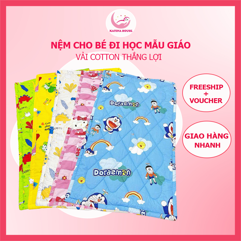 Nệm cho bé đi học 80x120cm Katina House, nệm mềm mát vải cotton Thắng Lợi, họa tiết gần gũi