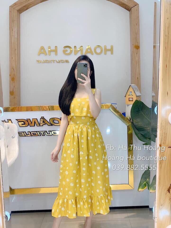 ĐẦM MAXI HOA CÚC HAI DÂY TRỐNG LƯNG CỘT NƠ SAU CỰC SANG CHẢNH - MTB