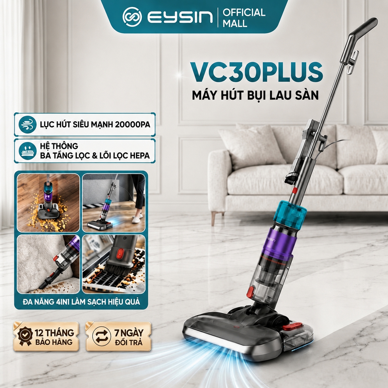 Eysin Vc30Plus Corded Vacuum Cleaner 500W 20000Pa Strong Suction Power Hepa Filter Core Filters Out 0.25 Micron Dust Floor Cleaning Head