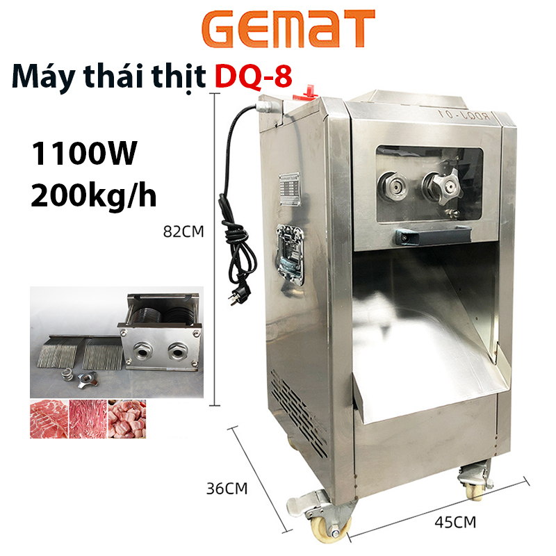 Máy thái thịt tươi sống công nghiệp DQ8 chuyên cắt thịt bò thịt dê máy thay được lưỡi dao cắt từ 2-15mm công xuất 1500w năng xuất 300kg/h chất liệu inox không rỉ Bảo Hành 24 Tháng