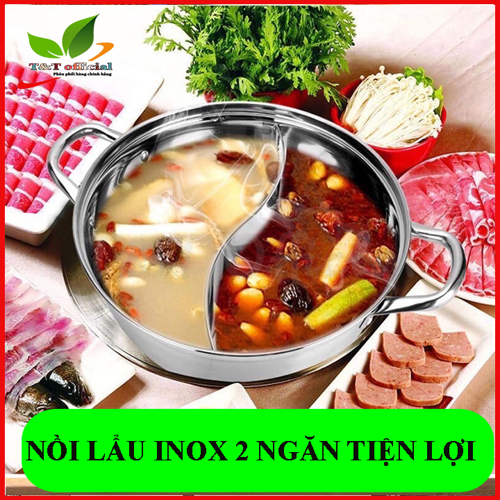 Nồi lẩu Hot Pot 2 ngăn inox-Nôi lẩu size lớn 32cm-Nồi lẩu 2 ngăn dầy dặn nấu được bếp từ cao cấp