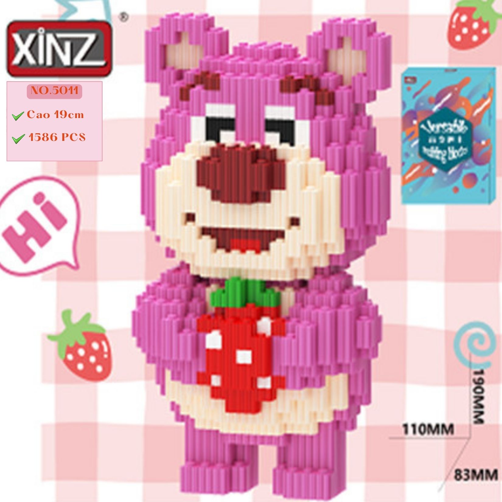 Gấu dâu size trung cao 19cm mô hình lắp ráp gấu dâu hồng lotso toy story