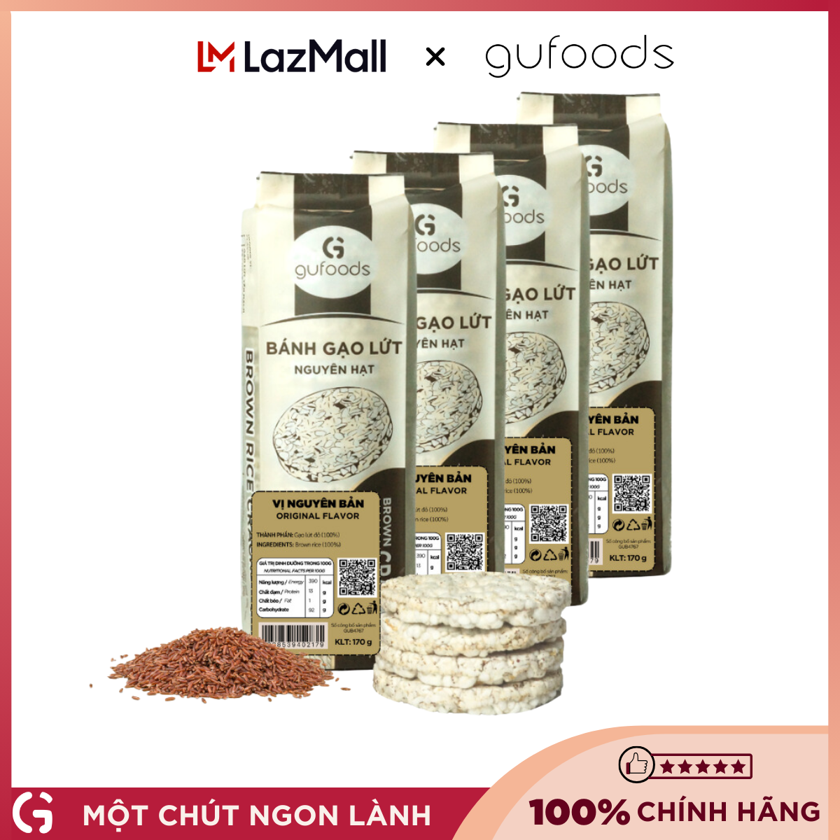 Combo 4 gói Bánh gạo lứt ăn kiêng GUfoods - Không chiên dầu, Phù hợp Eat clean, Tập Gym, Ăn Healthy, Thuần chay