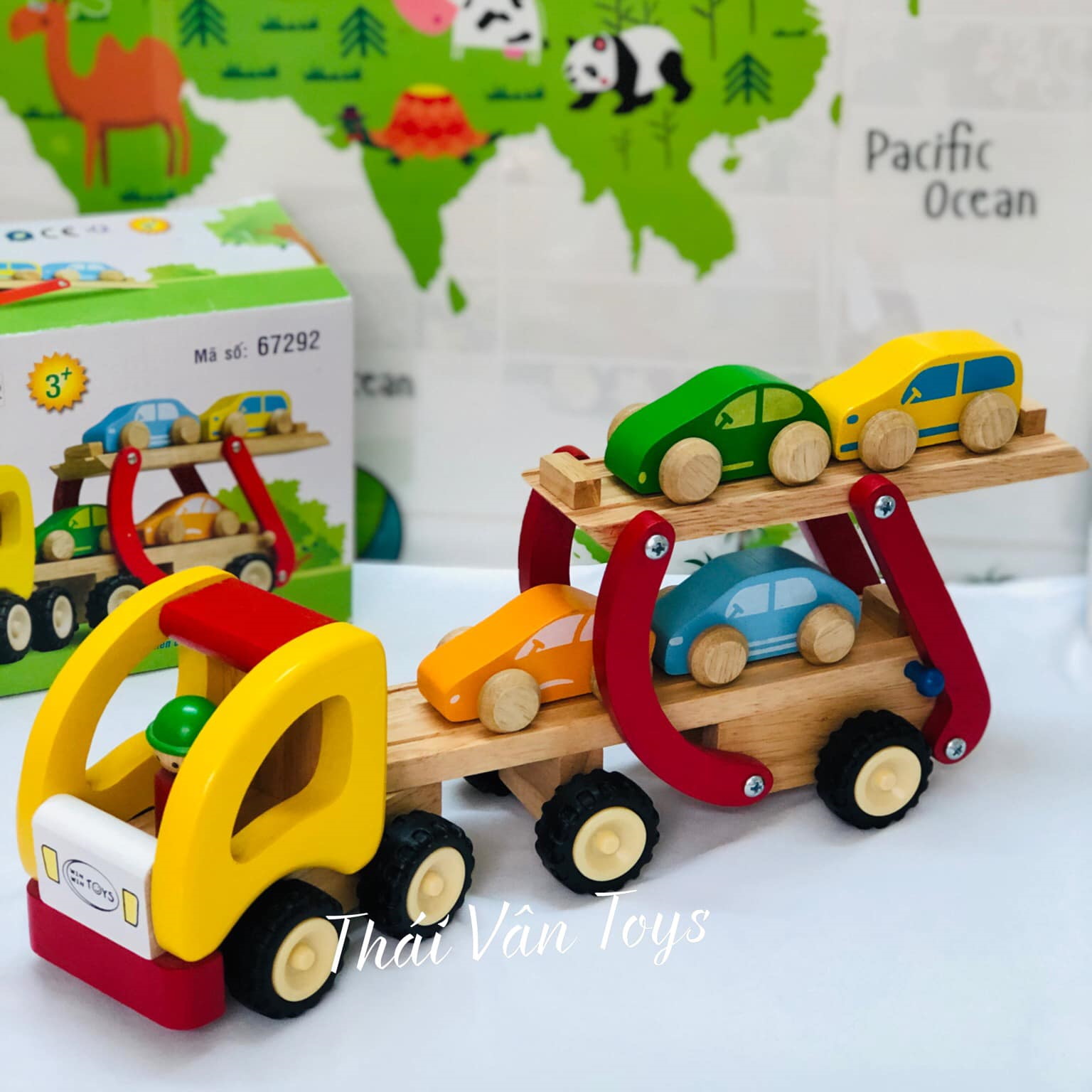 [HCM]Bộ đồ chơi xe bằng gỗ cho bé | Đồ chơi xe tải gỗ thiết kế hai tầng với các xe ô tô mô hình mini bằng gỗ Việt Nam