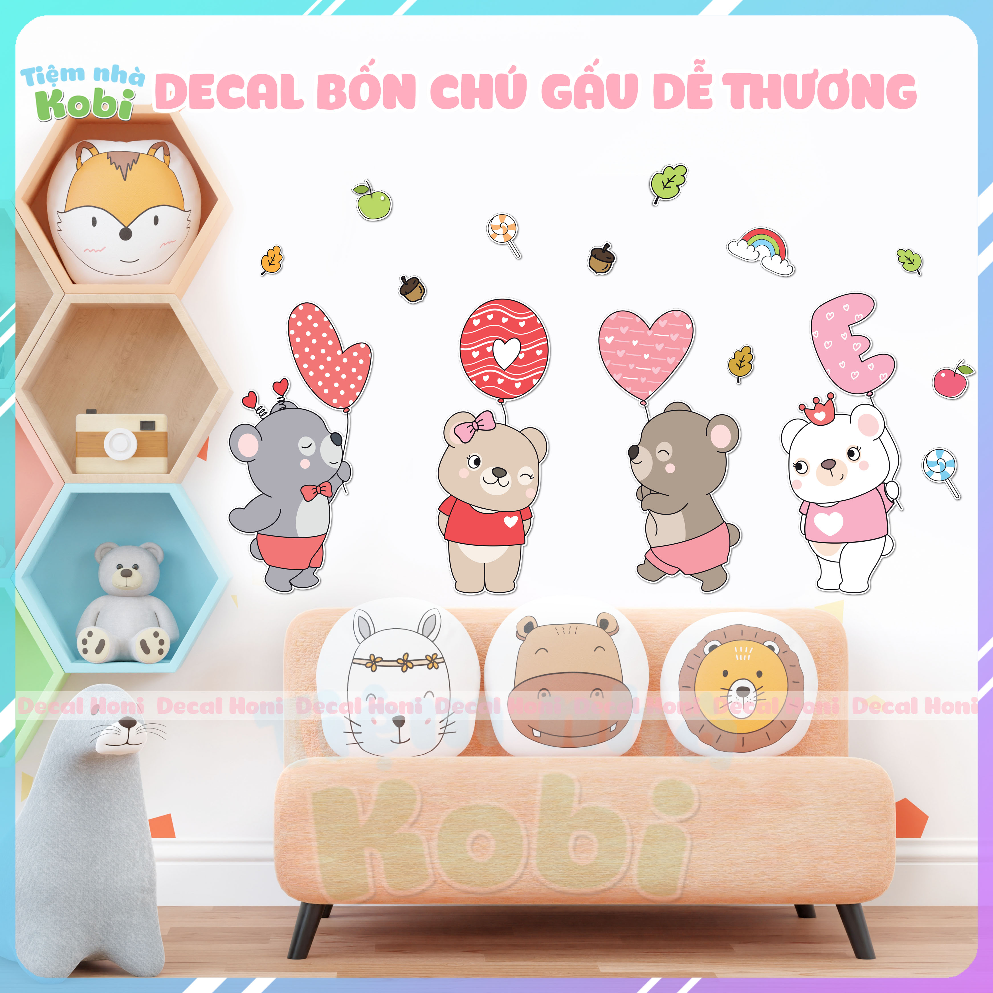 Tranh decal dán tường cho bé decal bốn chú gấu dễ thương