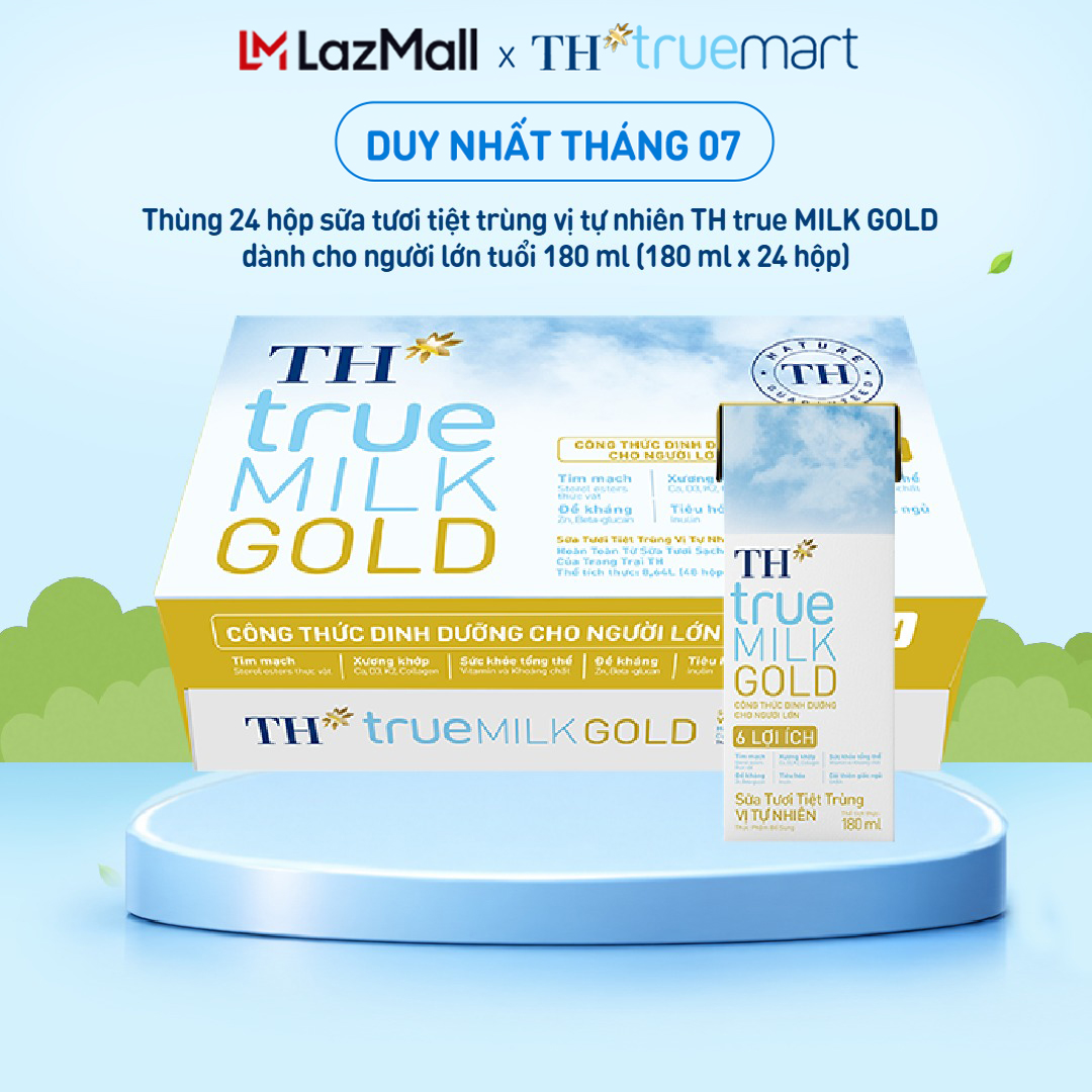 Thùng 24 hộp sữa tươi tiệt trùng vị tự nhiên TH true MILK GOLD dành cho người lớn tuổi 180 ml (180 ml x 24)