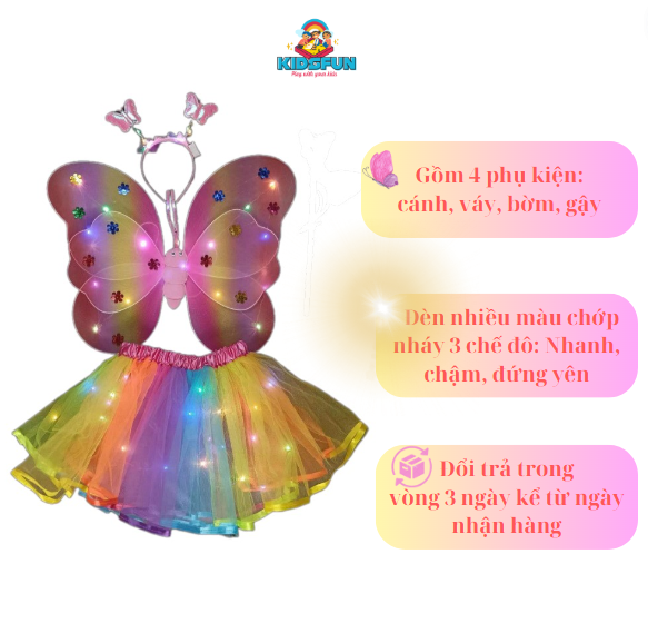 Combo váy cánh bướm cài tóc gậy phép thuật phát sáng Đồ hóa trang Haloween sinh nhật Noel cho bé gái