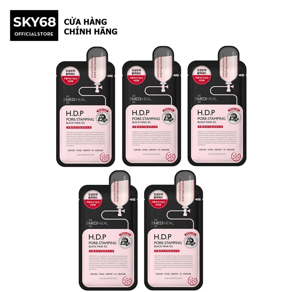 Combo 5 Mặt Nạ Than Hoạt Tính Loại Bỏ Bã Nhờn Và Làm Sạch Da Mediheal H.D.P Pore-Stamping Black Mask 25ml x 5