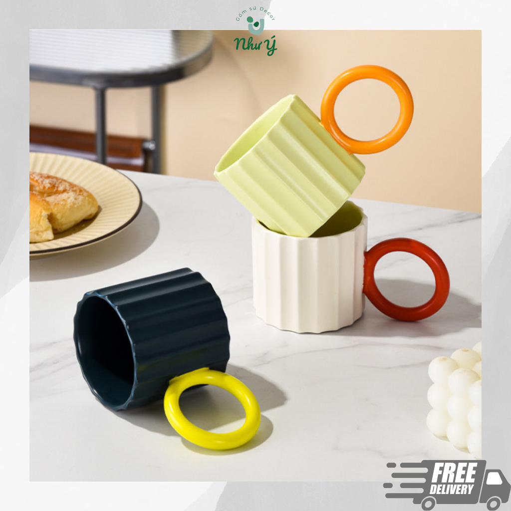 Cốc sứ, ly sứ có quai phong cách Bắc Âu tráng men màu dày dặn, chịu nhiệt dung tích 410ml
