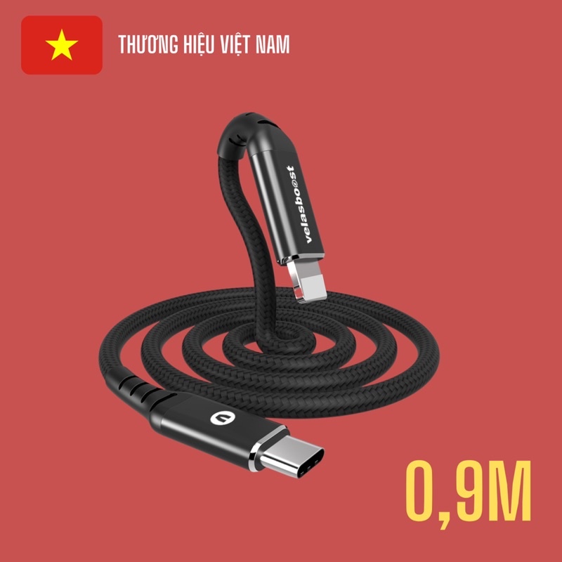 Cáp sạc velasboost Type C to Go 1 Black,bọc dù,dài 0,9m có hỗ trợ sạc nhanh và chuẩn MFi.