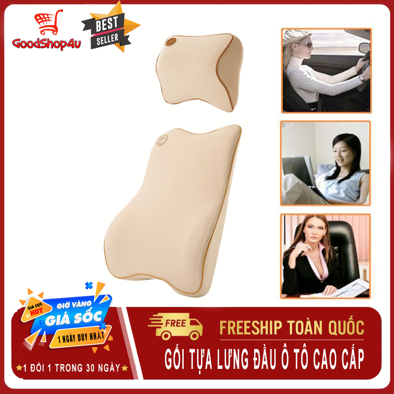 Bộ gối tựa đầu và lưng ô tô chất liệu cao su non có đai giữ phía sau, siêu đàn hồi, chống đau mỏi lưng cho người ngồi ghế ô tô, VP