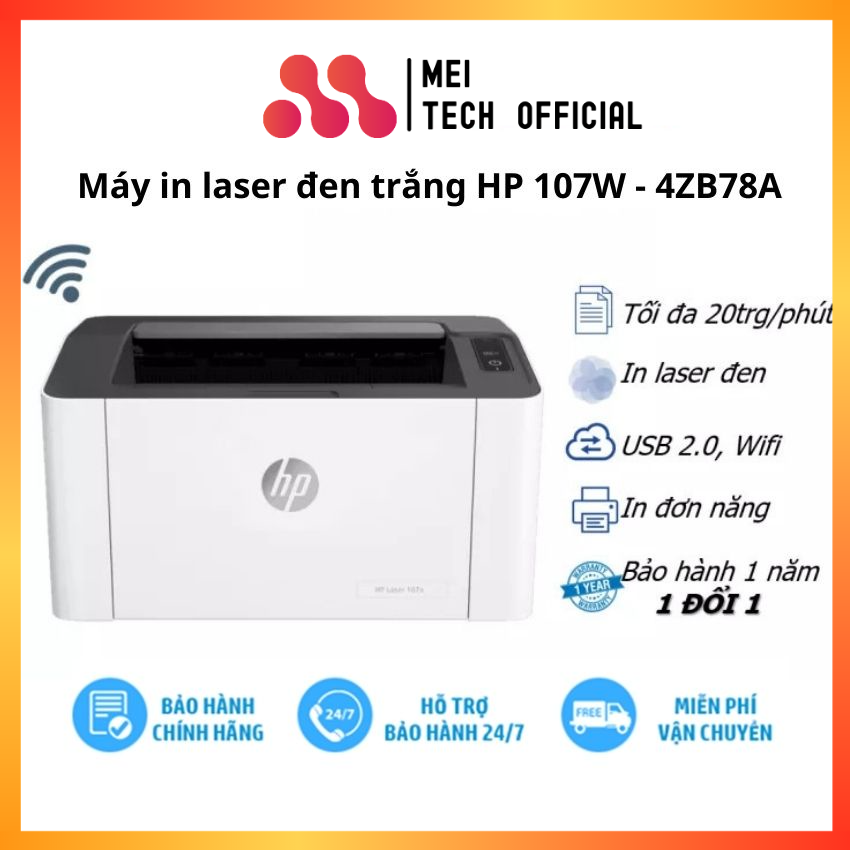 Máy in laser đen trắng hp 107w - 4zb78a - in wifi - hàng chính hãng - bảo hành 12 tháng
