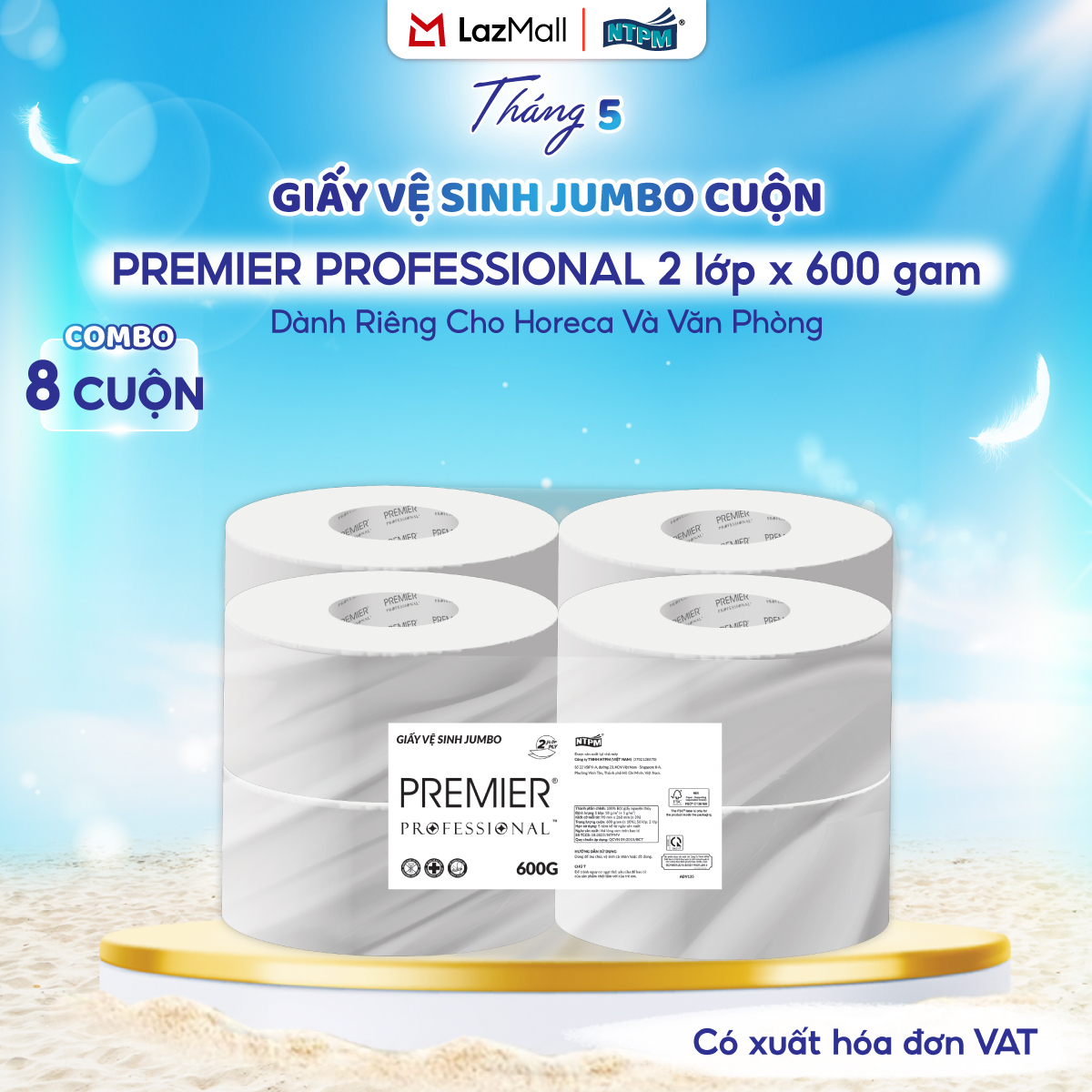 [COMBO 8 CUỘN] Giấy vệ sinh Premier Professional cuộn JUMBO dành riêng cho HORECA và Văn Phòng, 2 lớp -  100% bột giấy nguyên sinh, không chất tẩy, 600gr/cuộn - Chính hãng