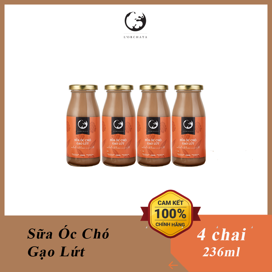 Lốc 4 chai sữa hạt l'orchata vị óc chó gạo lứt, ít đường, không chất bảo quản, tốt cho tim mạch, tăng đề kháng