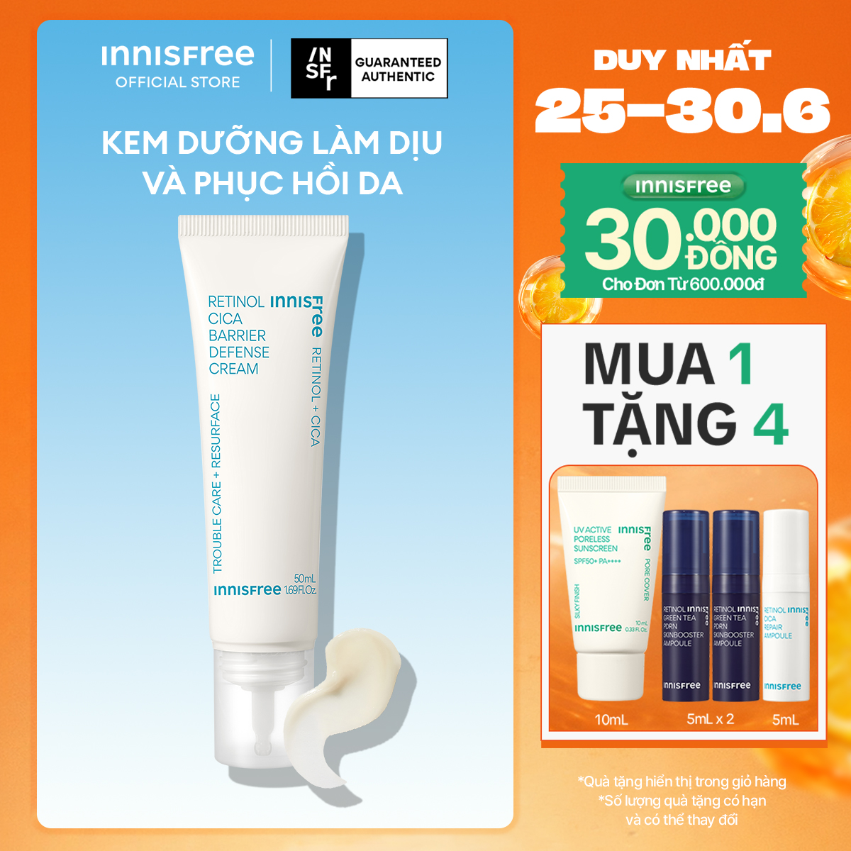 Kem dưỡng làm dịu và phục hồi da INNISFREE Retinol Cica Barrier Defense Cream