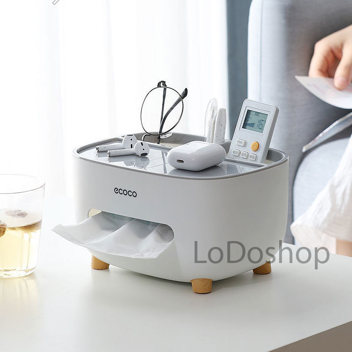 Hộp đựng khăn giấy vệ sinh để bàn Ecoco E2009 đa năng - Hộp đựng giấy ăn có giá đỡ điện thoại - Khay để vật dụng remote phụ kiện bàn ăn