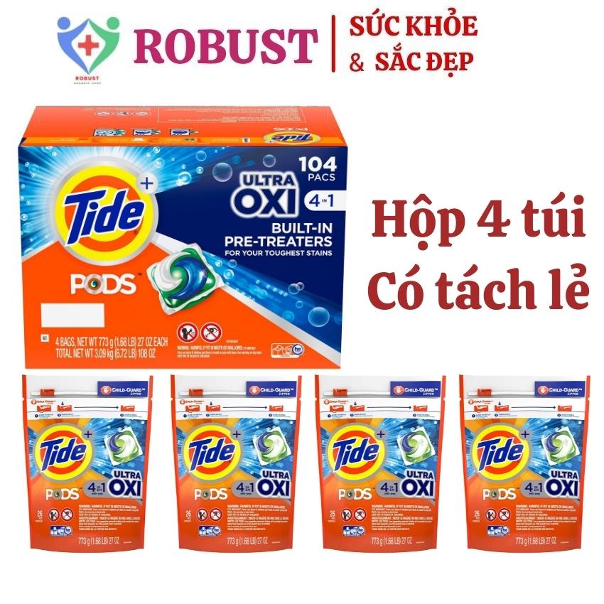 [Hoàn Tiền 10%] Viên giặt xả Tide Pods 4 in 1 Ultra Oxi Hộp 104 viên gồm 4 túi x 26 viên - Viên giặt phù hợp với mọi loại máy giặt giúp quần áo trắng sáng và lưu hương thơm mát có tách lẻ 5 viên - 10 viên Famacoco
