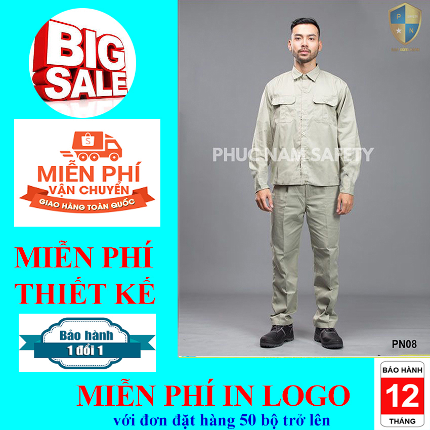 Bộ quần áo bảo hộ lao động, quần áo bảo hộ lao động màu ghi gừng PN08, quần áo bảo hộ lao vải Kaki Nam Định, quần áo bảo hộ lao động giá rẻ, đồng phục công ty, đồng phục kỹ sư, bảo hộ lao động Phúc Nam
