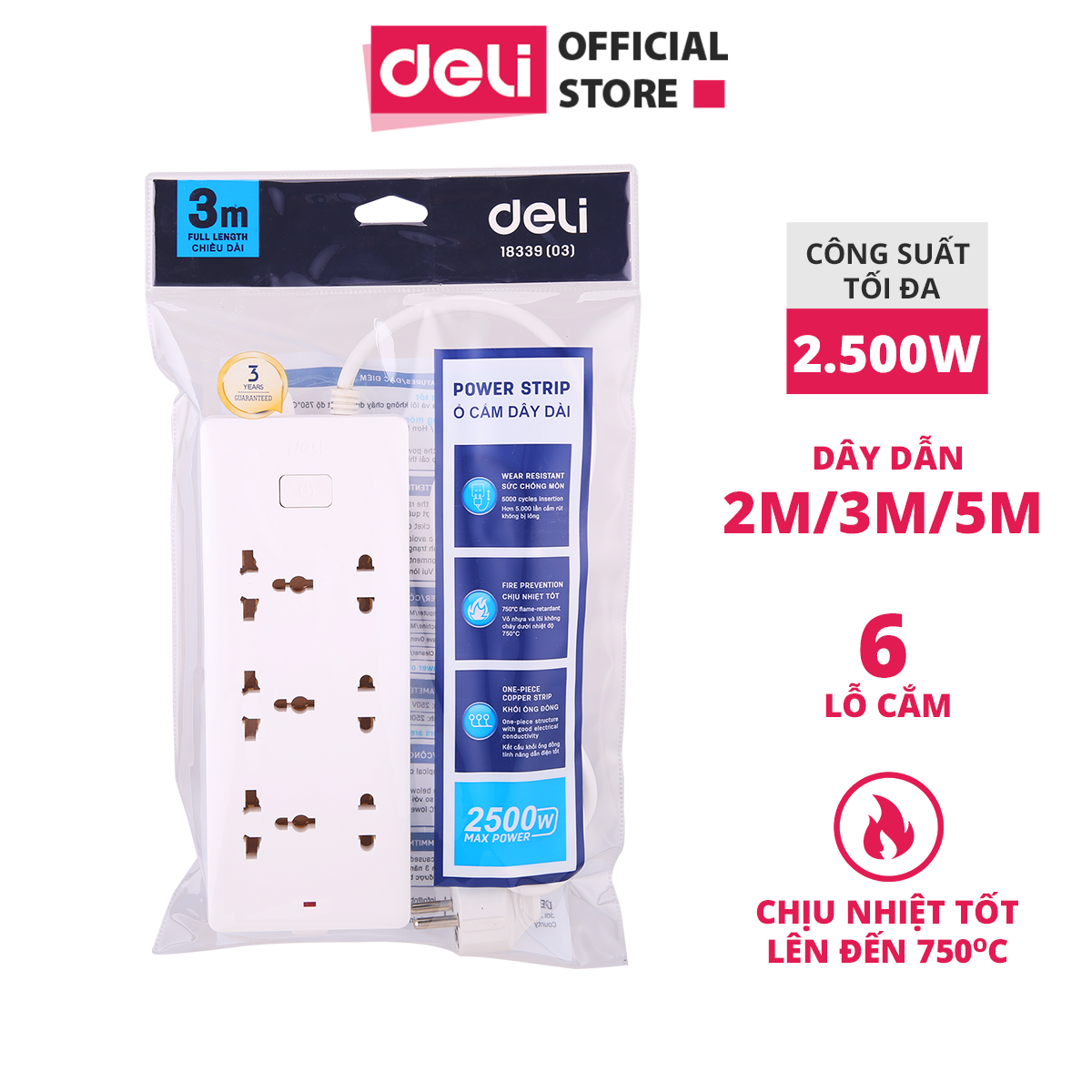 Ổ cắm điện Deli - dây 2m/3m/5m - 1 chiếc - E18339(02)/ E18339(03)/ E18339(05)