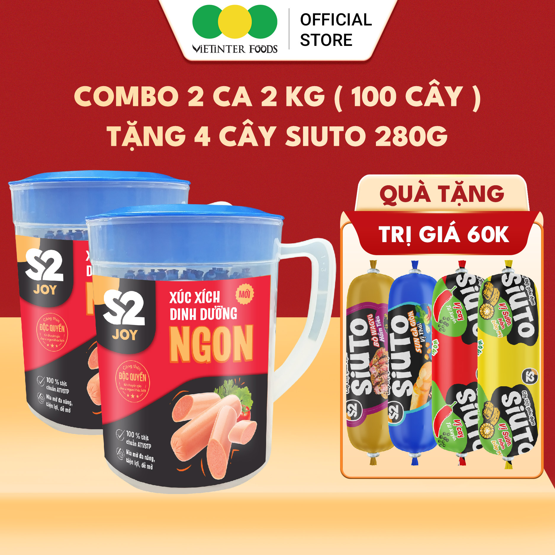 [ TOÀN QUỐC ] Combo 2KG Xúc Xích Ăn Liền Heo Ngon Dinh Dưỡng Tiệt Trùng S2 Vietinter Foods