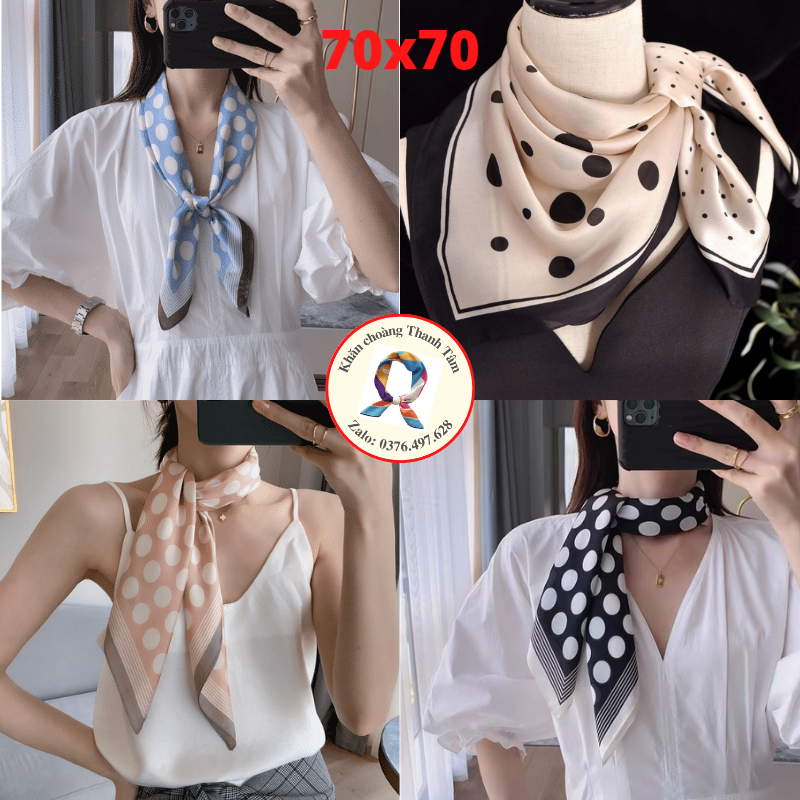 Khăn Lụa Vuông 70cm Quàng Cổ Quấn Tóc Làm Áo Yếm Lụa- Chấm Bi