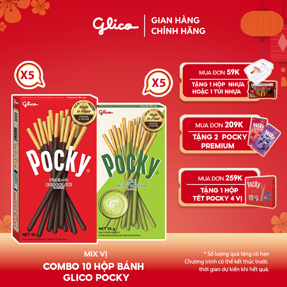 Combo 10 Happy Set D Hộp Bánh Snack Que Phủ Kem Glico Pocky Happy Set D (5 Chocolate - 5 Matcha)