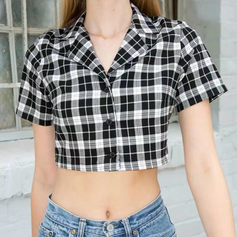 Áo croptop sọc caro cổ vets siêu chấtchất kate dày dặn dưới 55kg nhé ạ-nu