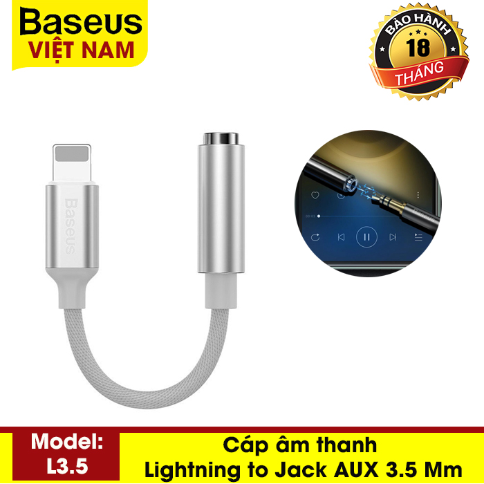 [BẢO HÀNH 18 THÁNG] Cáp âm thanh Lightning to Jack AUX 3.5 Mm - Thương Hiệu Baseus - Phân phối bởi Baseus Vietnam