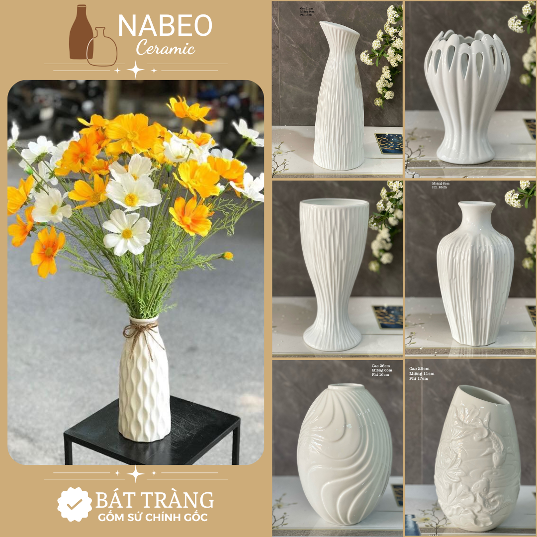 Lọ Hoa Sứ Trắng Bát Tràng, Bình Hoa Đẹp Cắm Bông, Decor Bàn Làm Việc