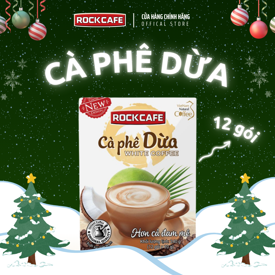  RockCafe - Cà phê hòa tan 3 trong 1 - Vị Dừa White Coffee độc đáo - Thơm ngon - Tinh khiết - Chuẩn vị cafe Việt -  Hộp 12 gói x 20 gr 