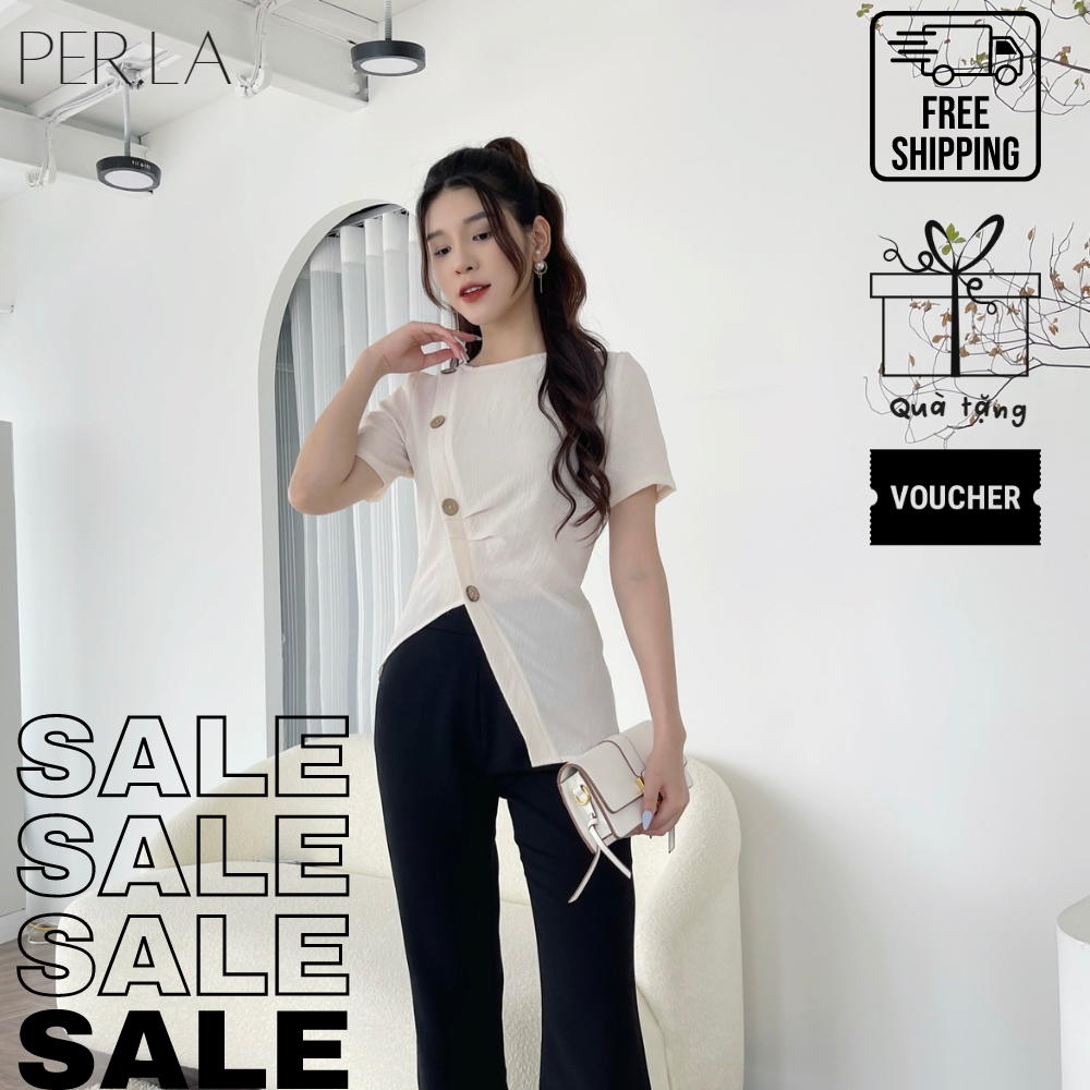 Áo ngắn tay xốp nhăn màu kem sữa PERLA