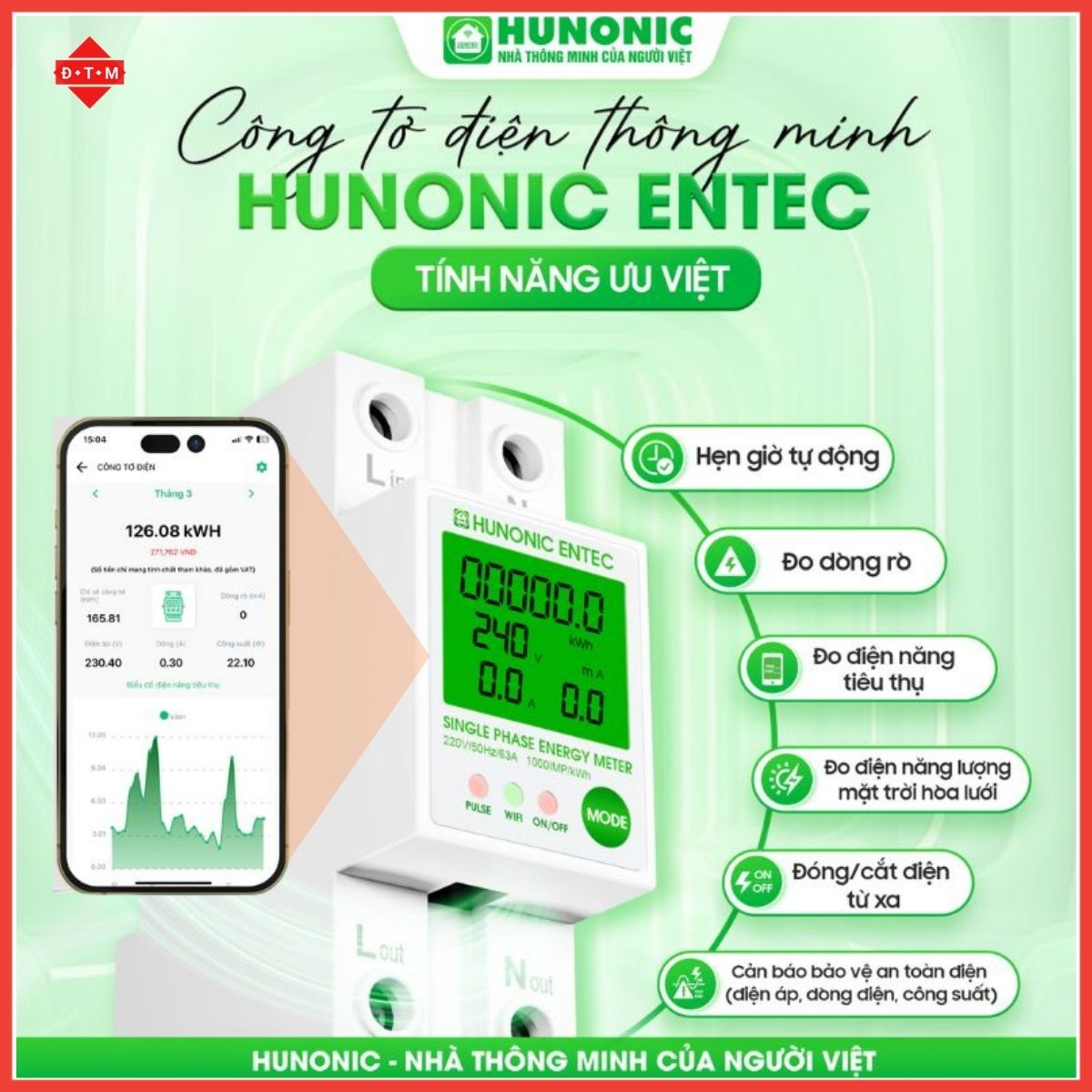  Công Tơ Điện Tử 1 Pha Wifi Thông Minh HUNONIC ENTEC - Theo Dõi Số Điện Bật Tắt Từ Xa Qua App 