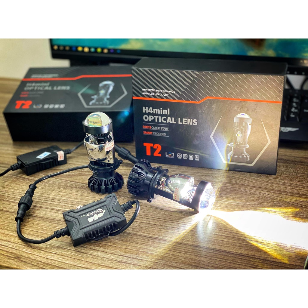 Đèn pha led bi cầu t2 h4 mini pro kính tím mẫu mới lắp ô tô, xe máy