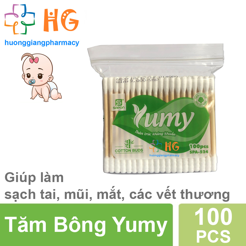 Tăm bông Yumi cán gỗ (Gói 100 que)