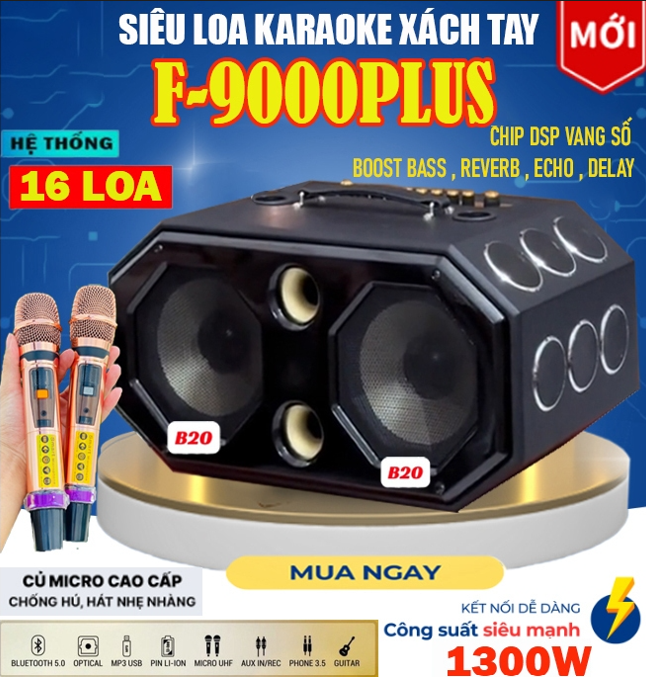 ( SIÊU LOA 2024 ) Loa Xách Tay Karaoke 16 Đường Tiếng F9000 PRO Kèm 2 Mic UHF - Âm Thanh Đa Chiều Hệ Thống 16 Loa 2 Bass 20Cm ,12 Trung ,2 Treble ,Công Suất Khủng Đến 1200W ,Hiệu Chỉnh Echo,Delay, Reverb.Kết Nối: Bluetooth 5.0, AUX,USB,Cổng Quang
