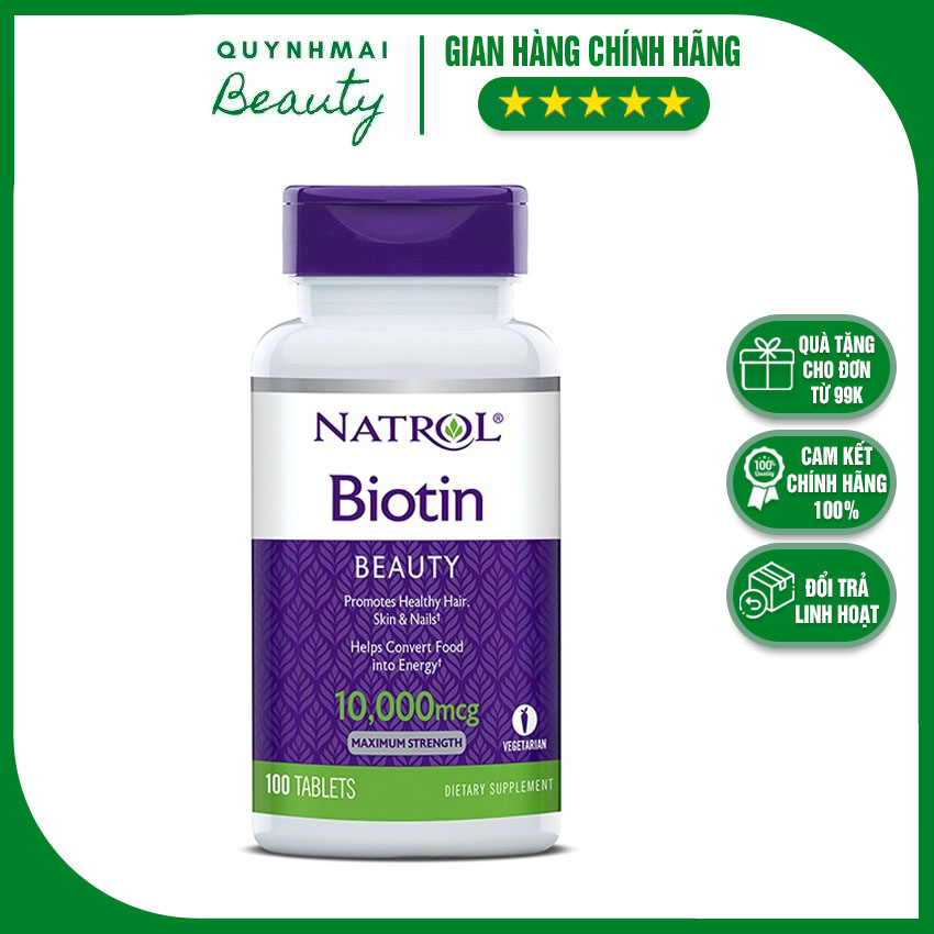 Viên uống mọc tóc Natrol Biotin 10000 Mcg 100 viên/hộp của Mỹ, giảm rụng tóc, thảo dược thiên nhiên, đẹp da tóc và móng