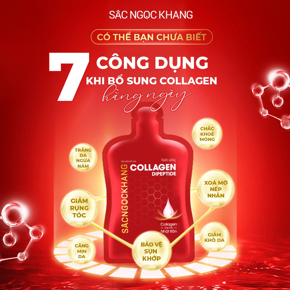 Nước uống đẹp da Collagen Dipeptide Sắc Ngọc Khang đạt chuẩn hàm lượng hấp thụ nhanh và vượt trội giúp trẻ hóa làn da, săn chắc và sáng mịn