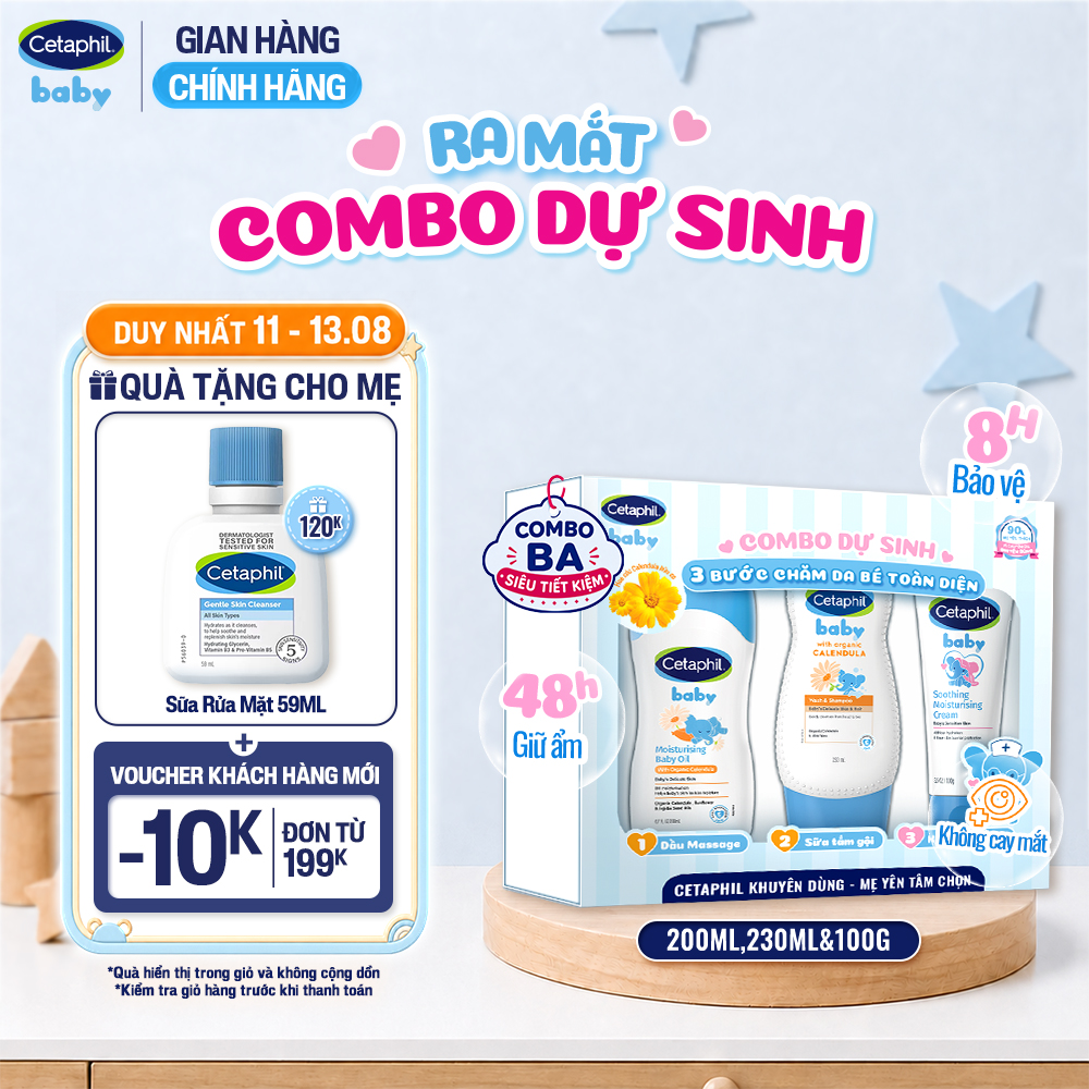Combo dự sinh 3 bước chăm sóc da bé toàn diện Dầu Massage 200ML + Sữa tắm gội 230ML + Kem dưỡng ẩm 100G Cetaphil Baby