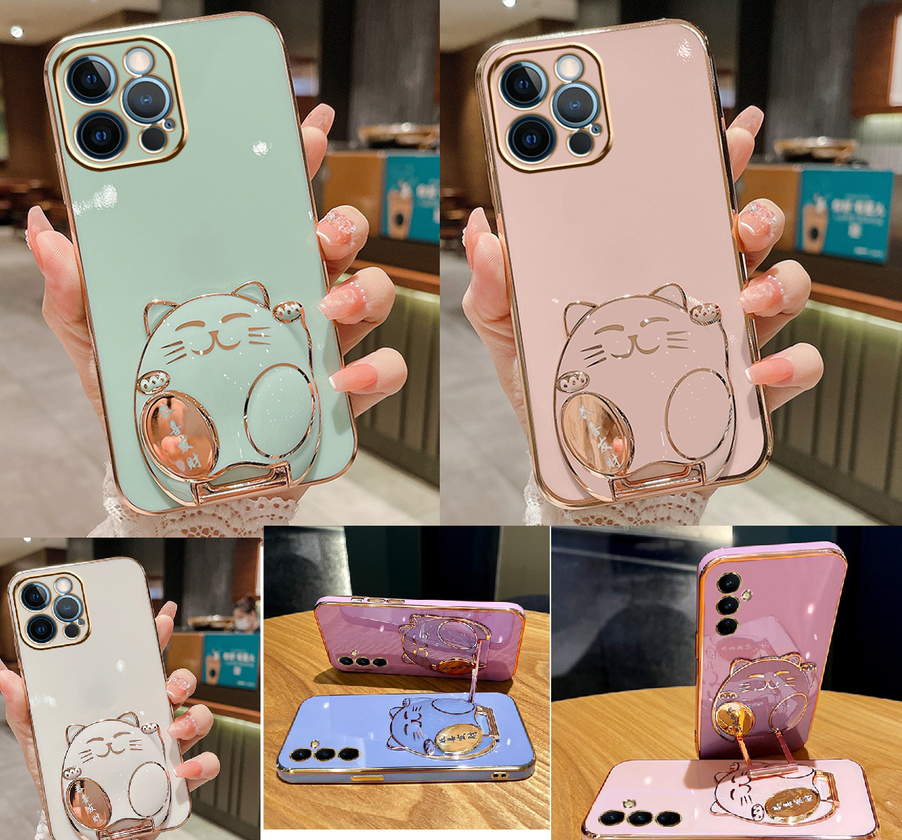 Ốp lưng iphone 6plus, 7plus, 8plus, x, xs, 11 kèm giá đỡ mèo thần tài