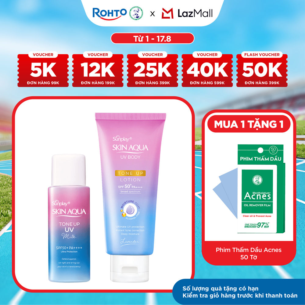 [VB] Bộ đôi chống nắng - nâng tông toàn diện cho mặt và cơ thể Sunplay Skin Aqua Tone Up (Kem chống nắng dạng sữa cho da dầu, da hỗn hợp 50g + Lotion chống nắng nâng tông 130g)