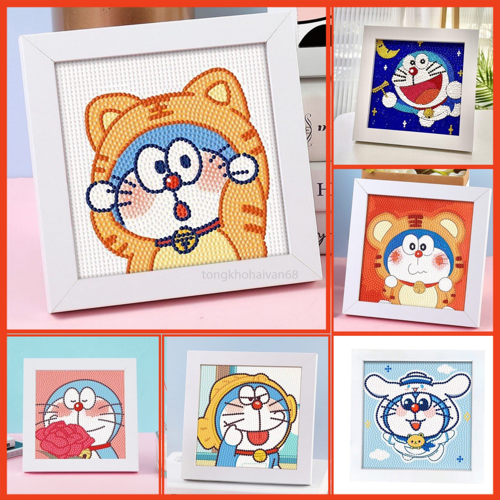 Tranh Đính Đá Doreamon Có Kèm Khung, Tranh Gắn Đá Mini 5D Tự Hoàn Thành, Tăng Khả Năng Tập Trung Cho
